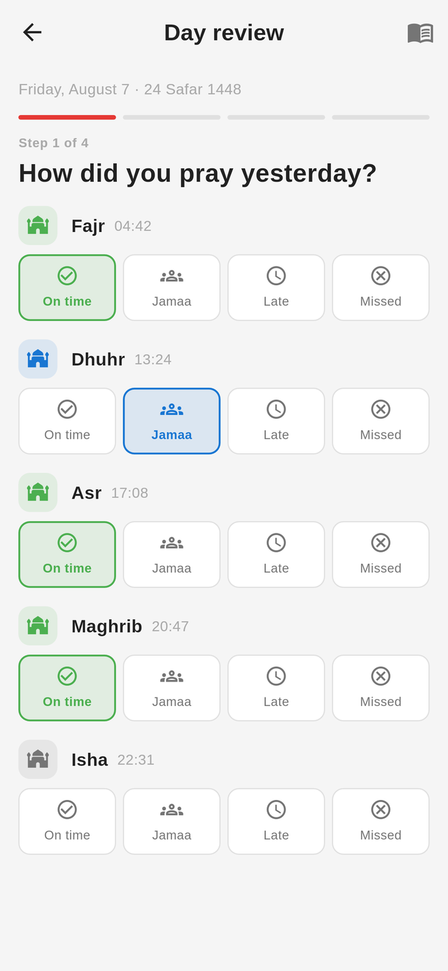 The day review in Jadwal: step one asks how the five prayers of the day went.