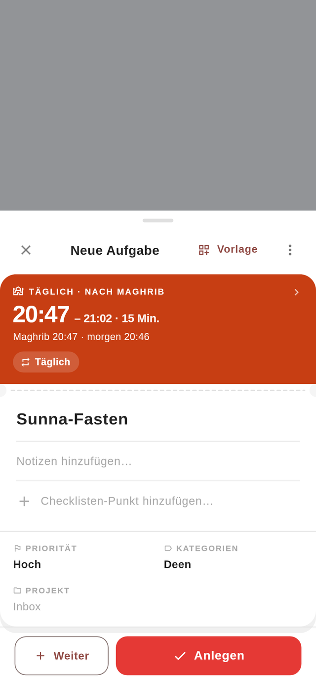 Das Anlege-Blatt von Jadwal: eine neue Aufgabe nach Maghrib, mit Dauer, Priorität und Kategorie.