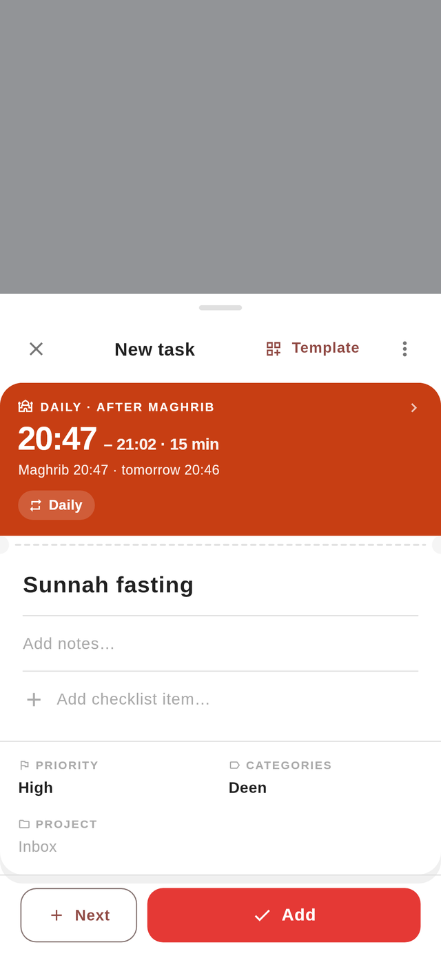 The compose sheet in Jadwal: a new task after Maghrib, with duration, priority and category.