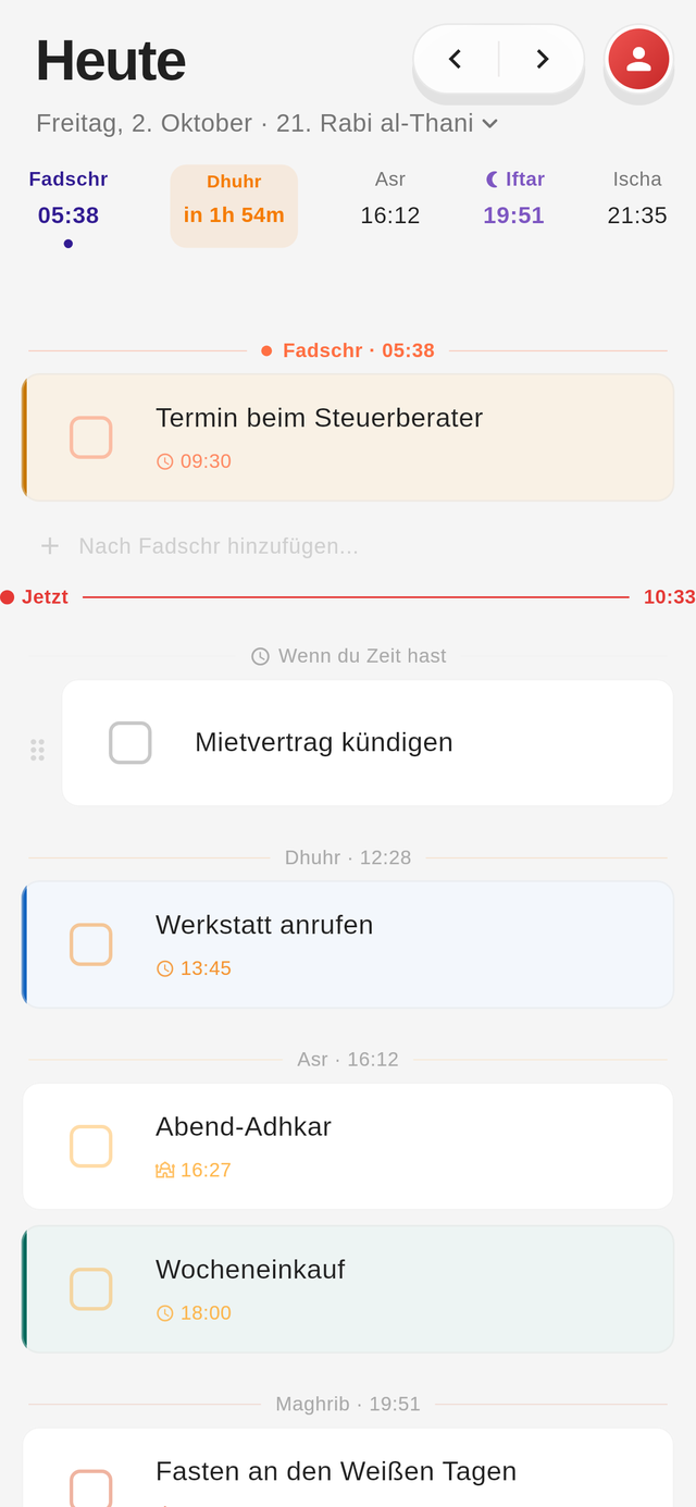 Die Heute-Seite von Jadwal: Aufgaben liegen zwischen den Gebetszeiten Fadschr, Dhuhr, Asr, Maghrib und Ischa.