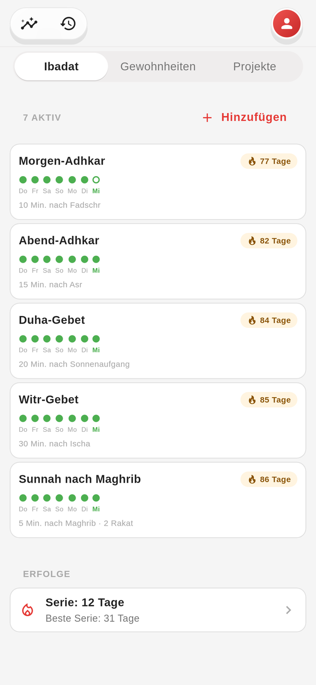 Die Ziele-Seite von Jadwal mit Ibadat, Serien und dem Monatsraster.