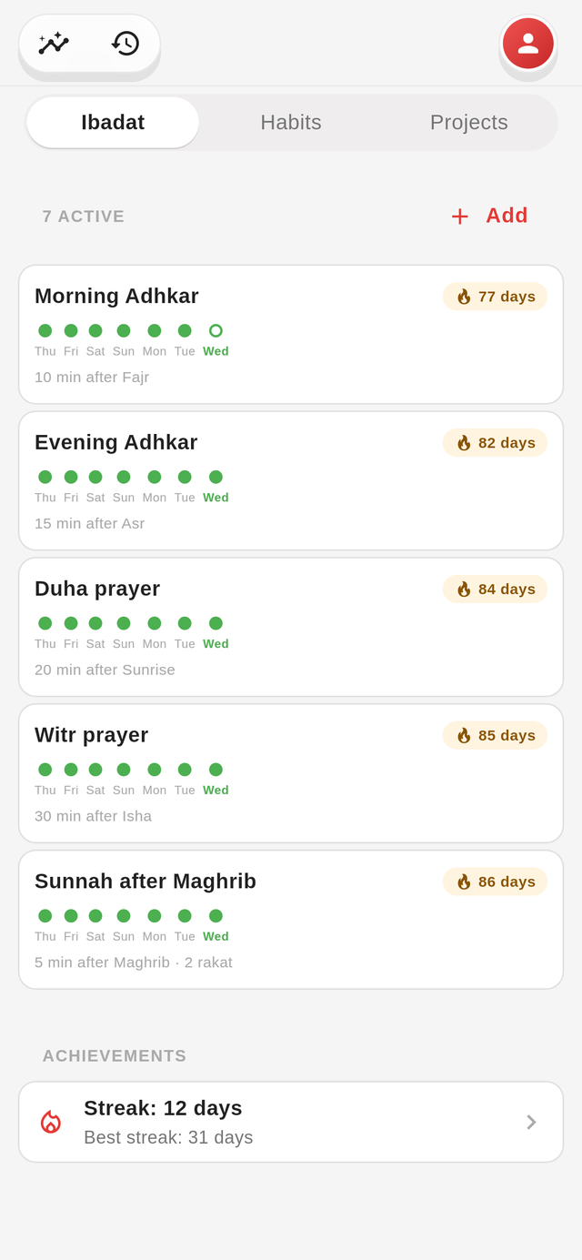 The Goals page in Jadwal with ibadat, streaks and the monthly grid.